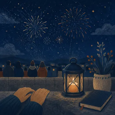 Prayerful New Year Fireworks Over Rooftop
