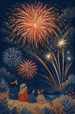 Midnight New Year Fireworks in Dark Sky