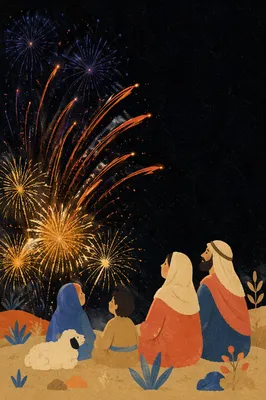 Midnight New Year Fireworks Over Dark Sky