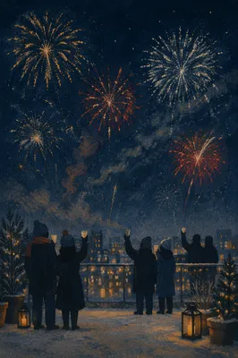 Midnight New Year Fireworks Over Quiet Rooftop