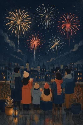 Midnight New Year Fireworks Over City Skyline