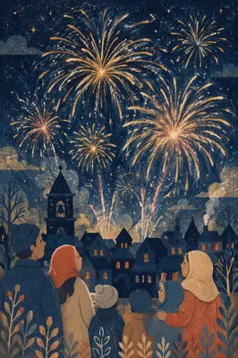 Golden New Year Fireworks Over Small Town