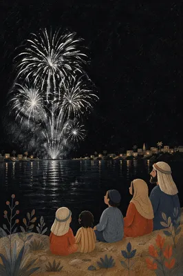 Midnight New Year Fireworks Over Quiet Waterfront