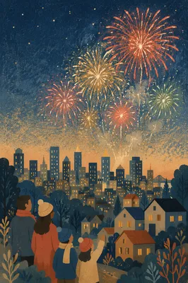 New Year Fireworks Over Midnight City Skyline
