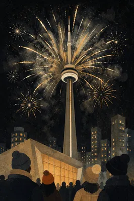 Midnight New Year Fireworks Over City Tower