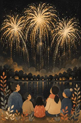 Golden New Year Fireworks Over Quiet Waterfront