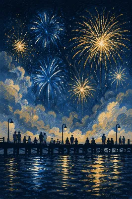 New Year Fireworks Over Peaceful Waterfront