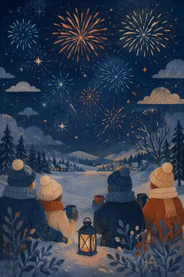 Peaceful New Year Fireworks Over Snowy Town