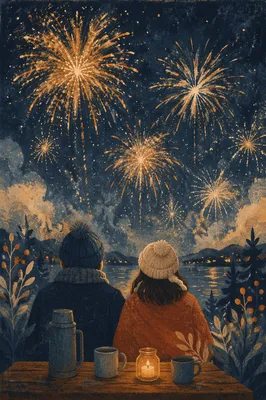 Peaceful New Year Fireworks Over Rooftops