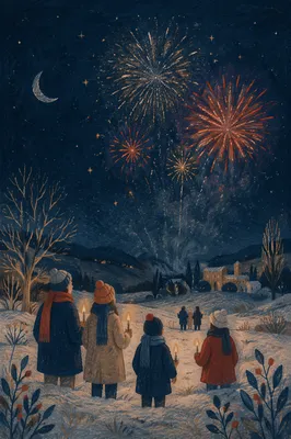 Peaceful New Year Fireworks Over Winter Field