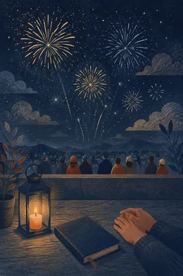 Prayerful New Year Fireworks Over Rooftop