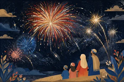 New Year Midnight Fireworks Over Dark Sky