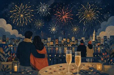 Midnight New Year Fireworks Over City Waterfront