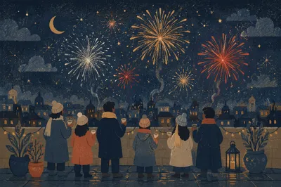 Midnight New Year Fireworks Over City Skyline