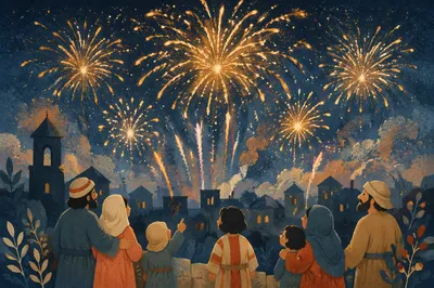 New Year Fireworks Over Small Town Skyline