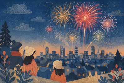 New Year Fireworks Over Midnight City Skyline