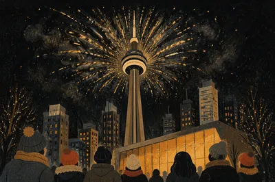 Midnight New Year Fireworks Over City Tower