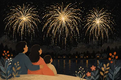 Golden New Year Fireworks Over Quiet Waterfront