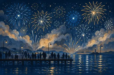 New Year Fireworks Over Peaceful Waterfront