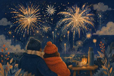 Peaceful New Year Fireworks Over Rooftops