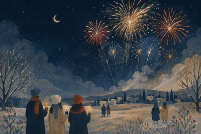 Peaceful New Year Fireworks Under Winter Sky