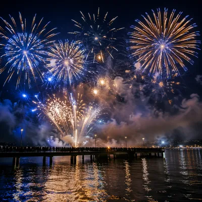 New Year Fireworks Over Peaceful Waterfront