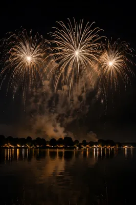 Golden New Year Fireworks Over Quiet Waterfront