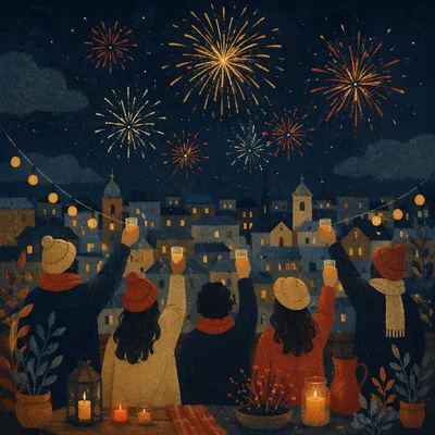 New Year Fireworks Over City Rooftop