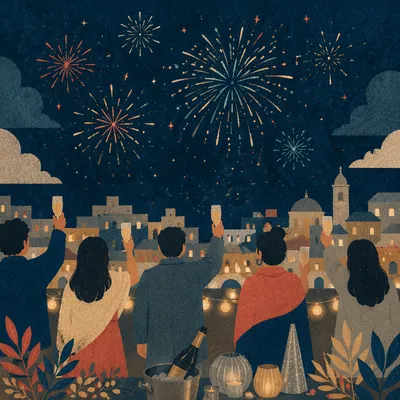 New Year Fireworks Over City Rooftop