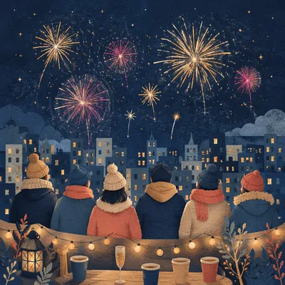 New Year Fireworks Over City Rooftop