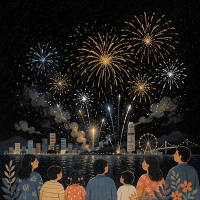 New Year Fireworks Over Waterfront Skyline