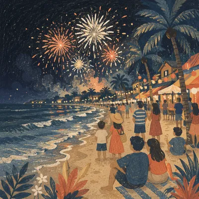 New Year Fireworks Over Tropical Beach