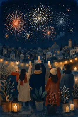 New Year Fireworks Over Rooftop Celebration