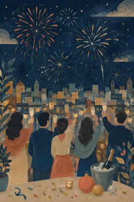 New Year Fireworks Over City Rooftop