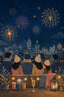 New Year Fireworks Over City Rooftop