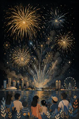 New Year Fireworks Over Waterfront Skyline