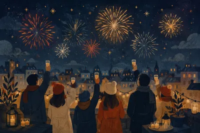 New Year Fireworks Over City Rooftop
