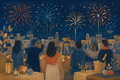 New Year Fireworks Over City Rooftop