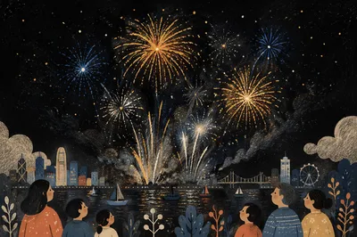 New Year Fireworks Over Waterfront Skyline