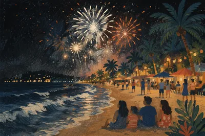 New Year Fireworks Over Tropical Beach