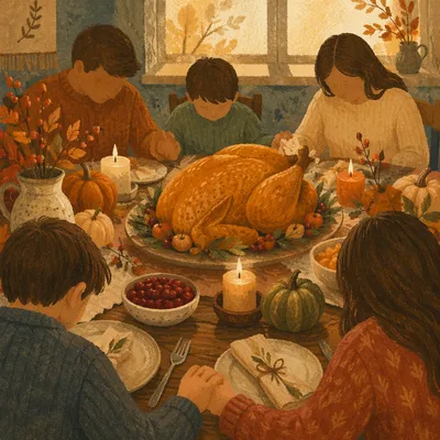 Thanksgiving Family Prayer Around Turkey Dinner