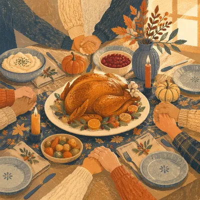 Thanksgiving Family Prayer Around Turkey Dinner