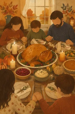 Thanksgiving Family Prayer Around Turkey Table