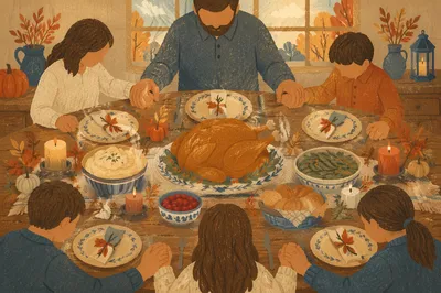 Thanksgiving Family Prayer Around Turkey Dinner