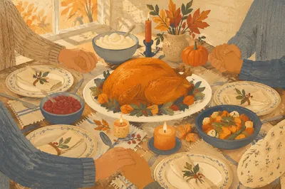 Thanksgiving Family Prayer Around Turkey Dinner