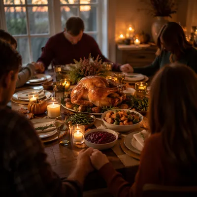 Thanksgiving Family Prayer Around Turkey Dinner