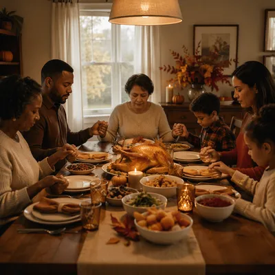 Family Prayer Around Thanksgiving Dinner Table