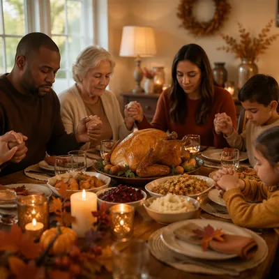 Family Thanksgiving Prayer Around Turkey Dinner