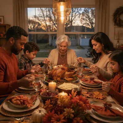Family Prayer Around Thanksgiving Dinner Table