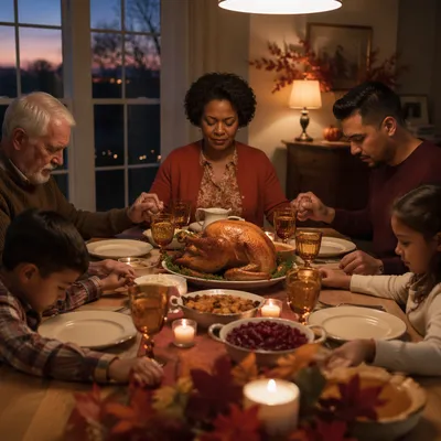 Family Prayer at Thanksgiving Dinner Table